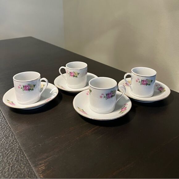 Demitasse Cups and Saucers,  Pink Rose Floral, Espresso Cups, Set of 4 - Picture 1 of 4